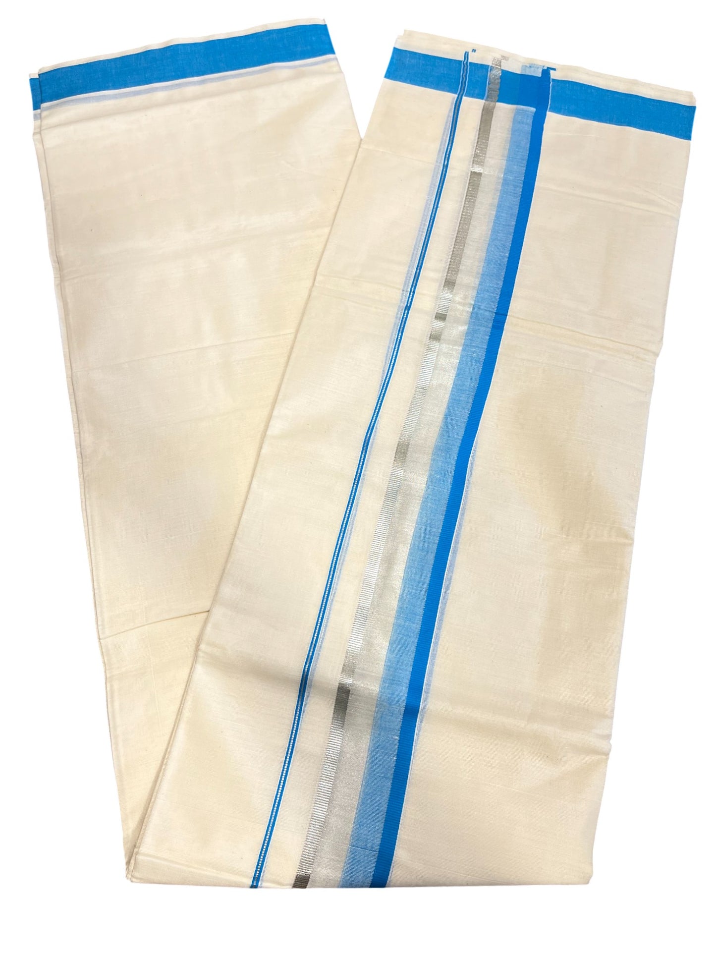Southloom Kerala Pure Cotton Double Mundu with Silver Lines & Blue Border (South Indian Dhoti)