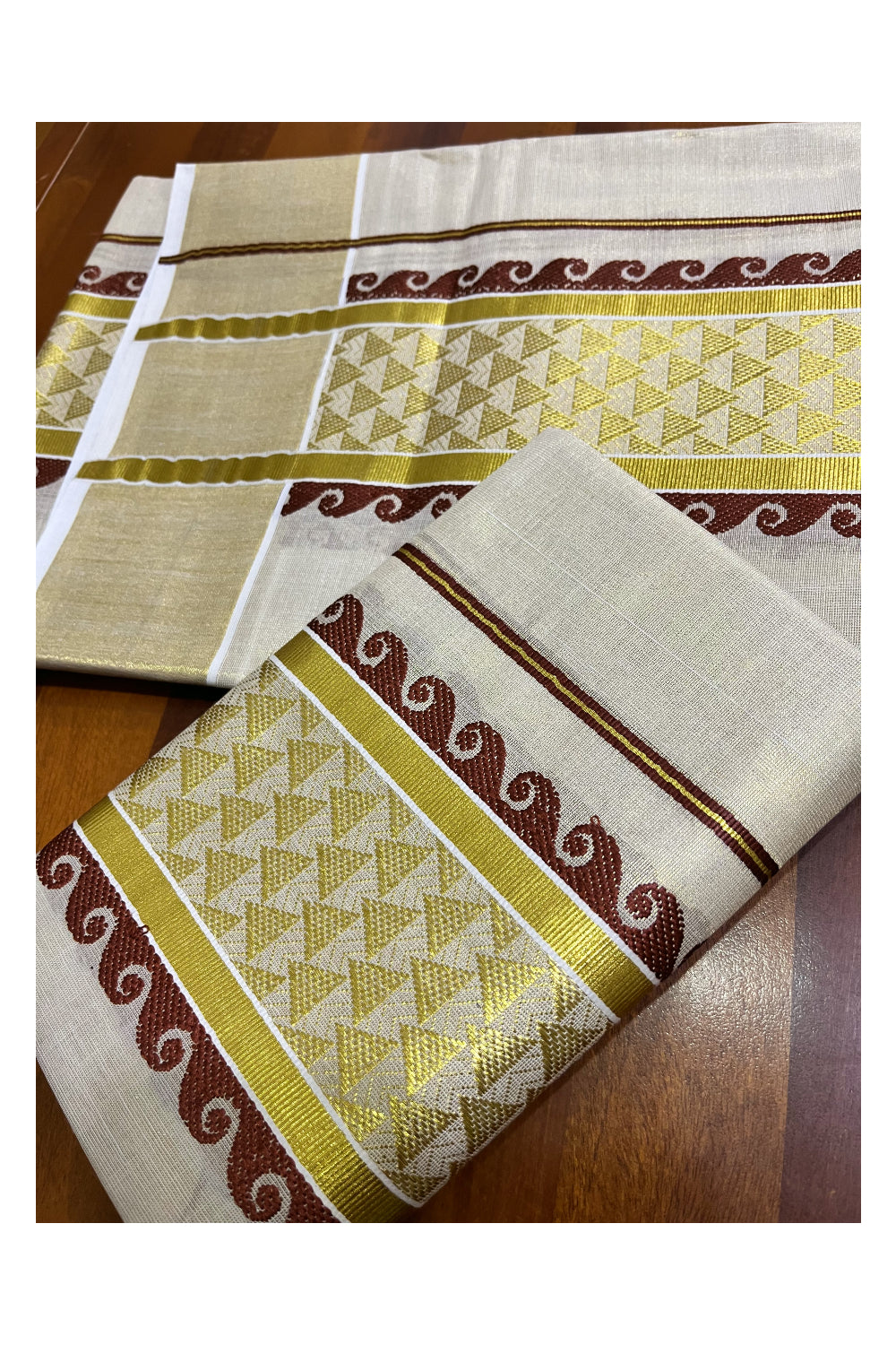 Kerala Tissue Single Set Mundu (Mundum Neriyathum) with Brown and Kasavu Woven Border 2.80 Mtrs (Vishu 2024 Collection)