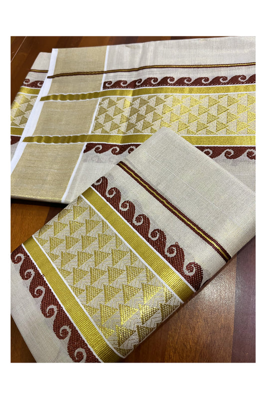 Kerala Tissue Single Set Mundu (Mundum Neriyathum) with Brown and Kasavu Woven Border 2.80 Mtrs (Vishu 2024 Collection)