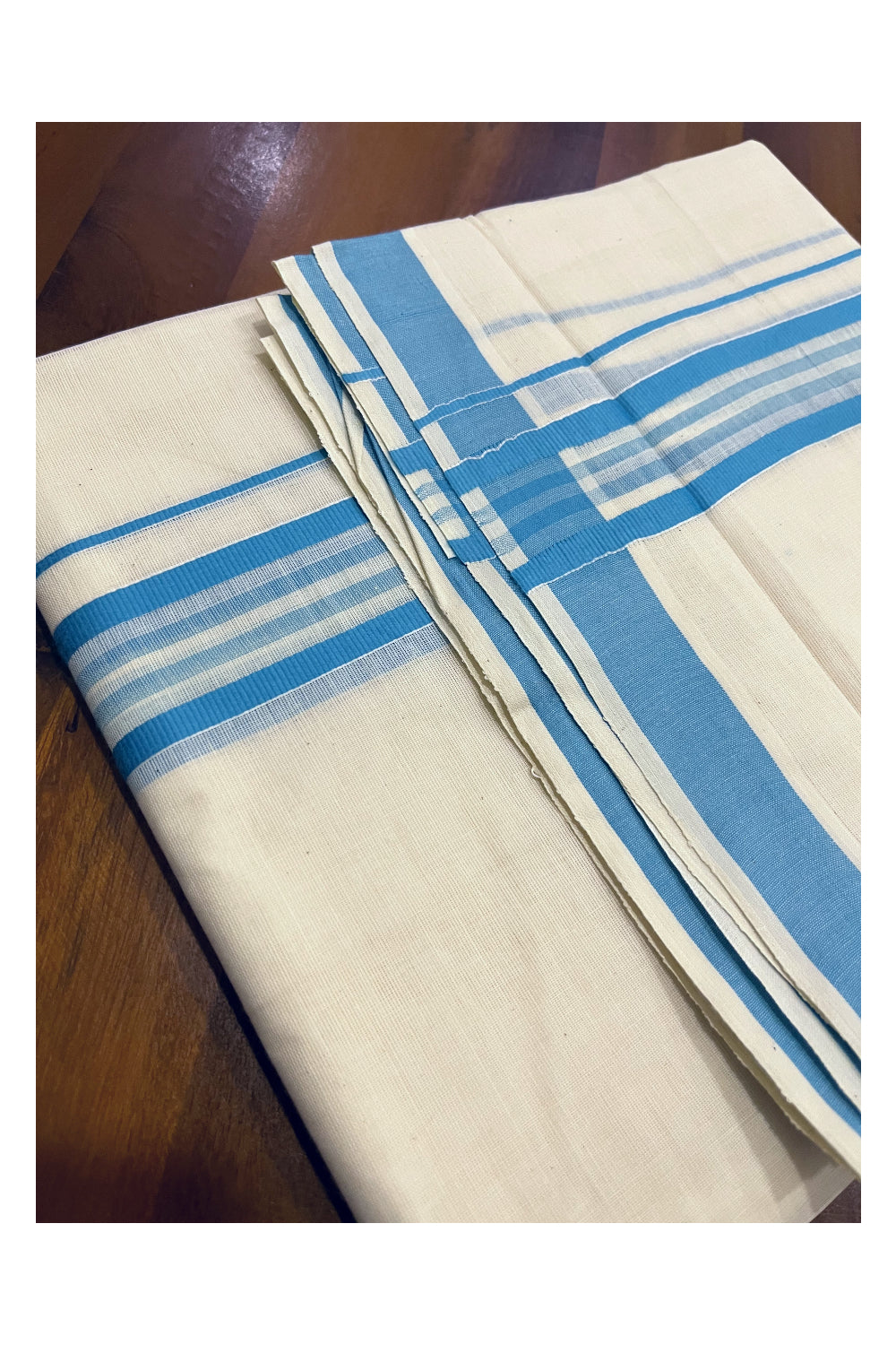 Kerala Cotton Double Mundu with Blue Line Border (Onam Mundu 2023)