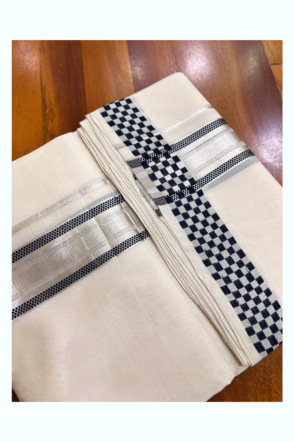 Southloom Super Premium Balaramapuram Unakkupaavu Handloom Silver Kasavu and Black Mundu with Woven Border (South Indian Kerala Dhoti)