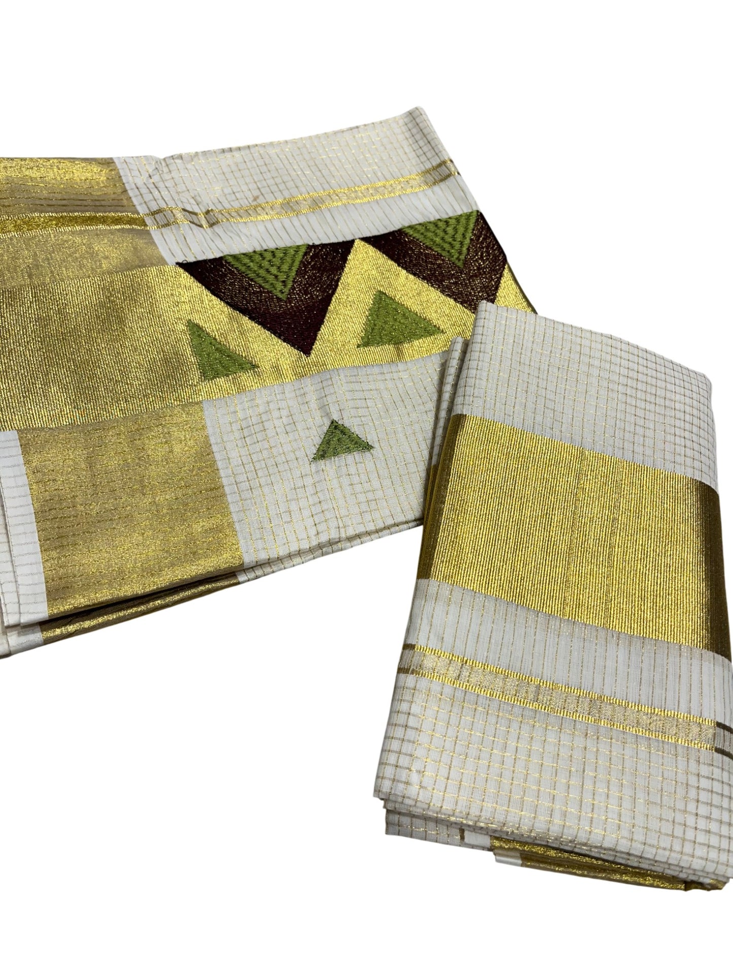 southloom Kerala TIssue Kasavu Mundum Neriyathum  (Set Mundu) with Green Brown  Embroidery Designs in Kasavu Border