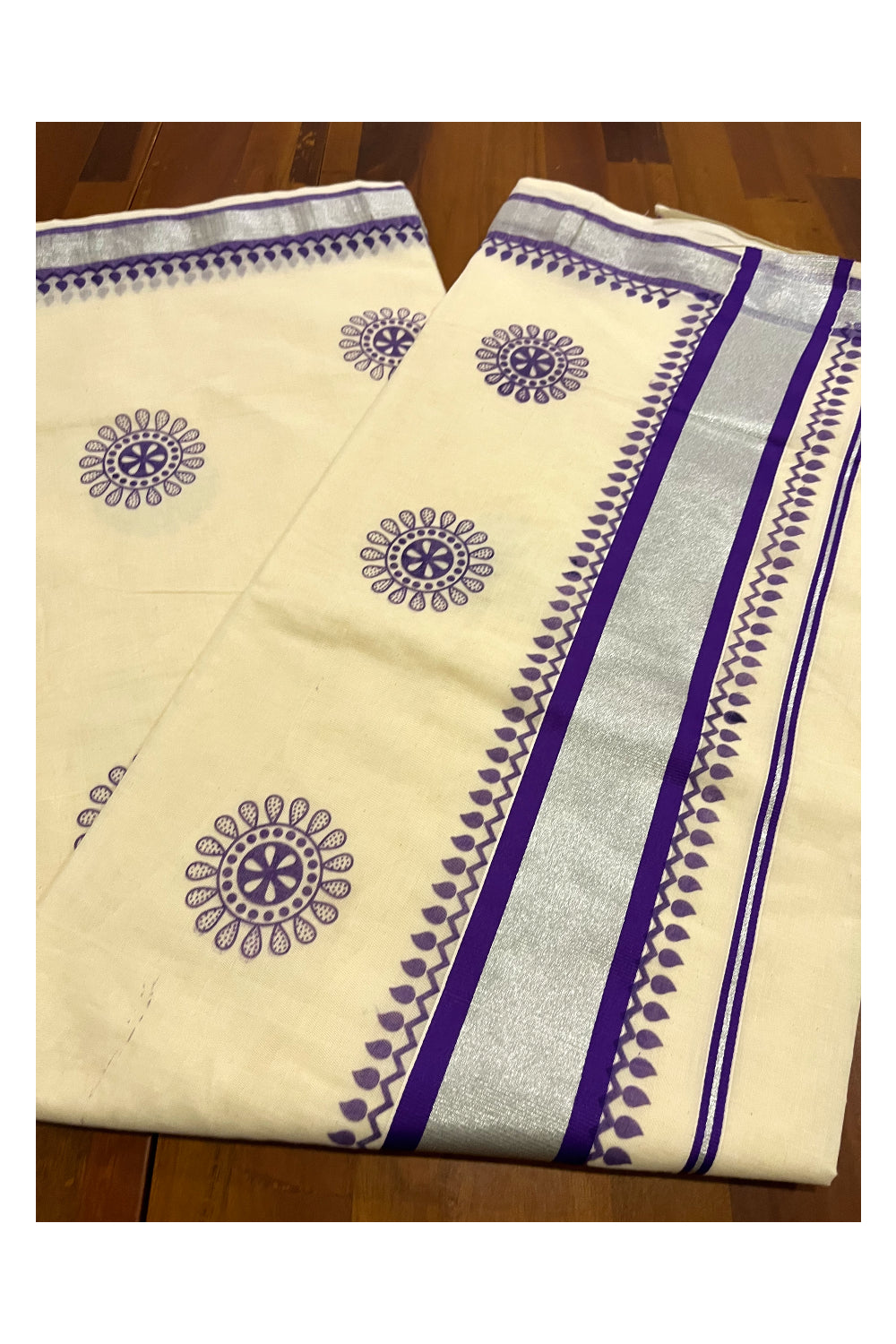 Kerala Pure Cotton Saree with Violet Block Prints and Silver Kasavu Border