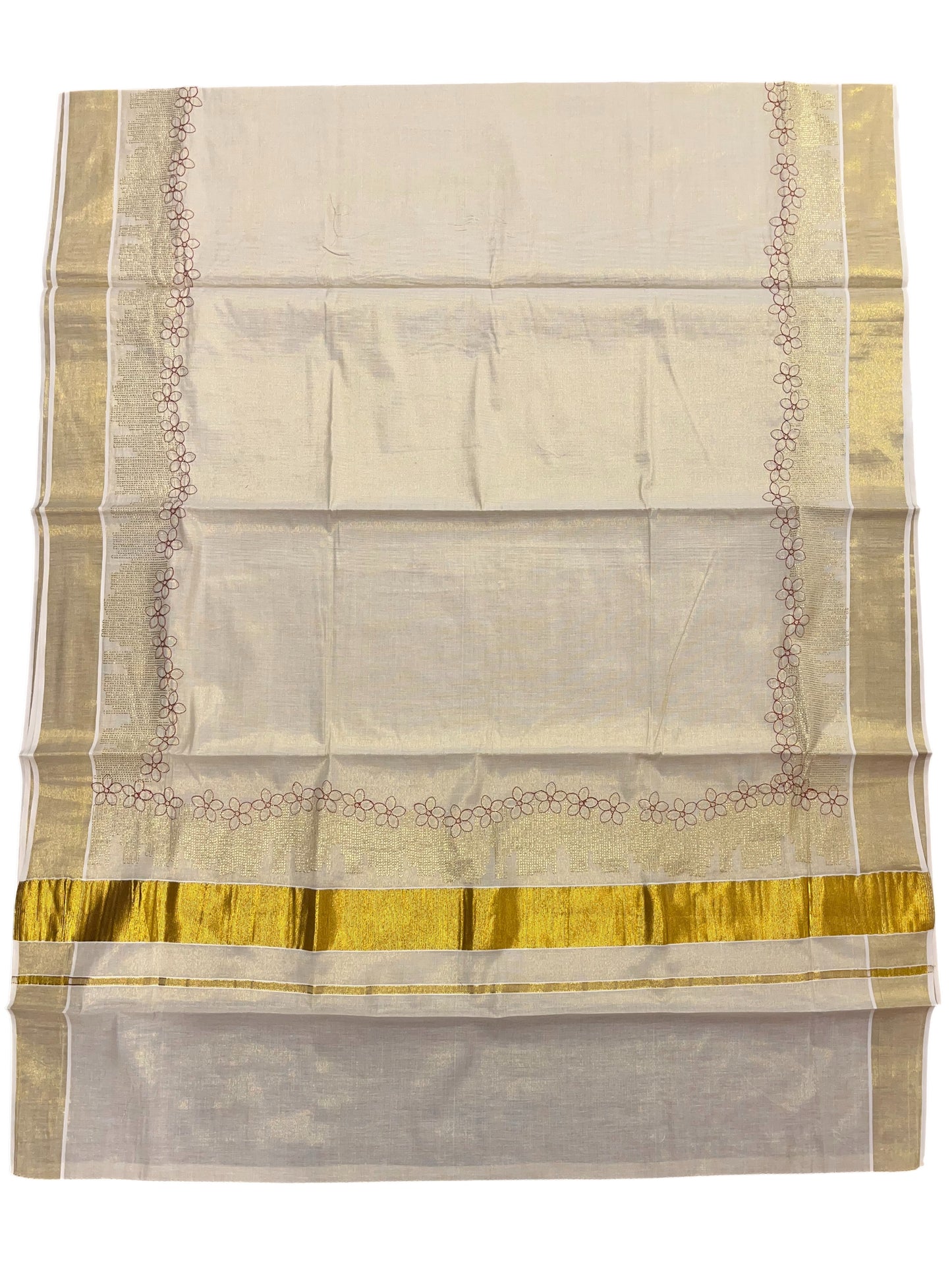 Southloom Kerala Tissue Kasavu Plain Saree with Red Floral Embroidery Works