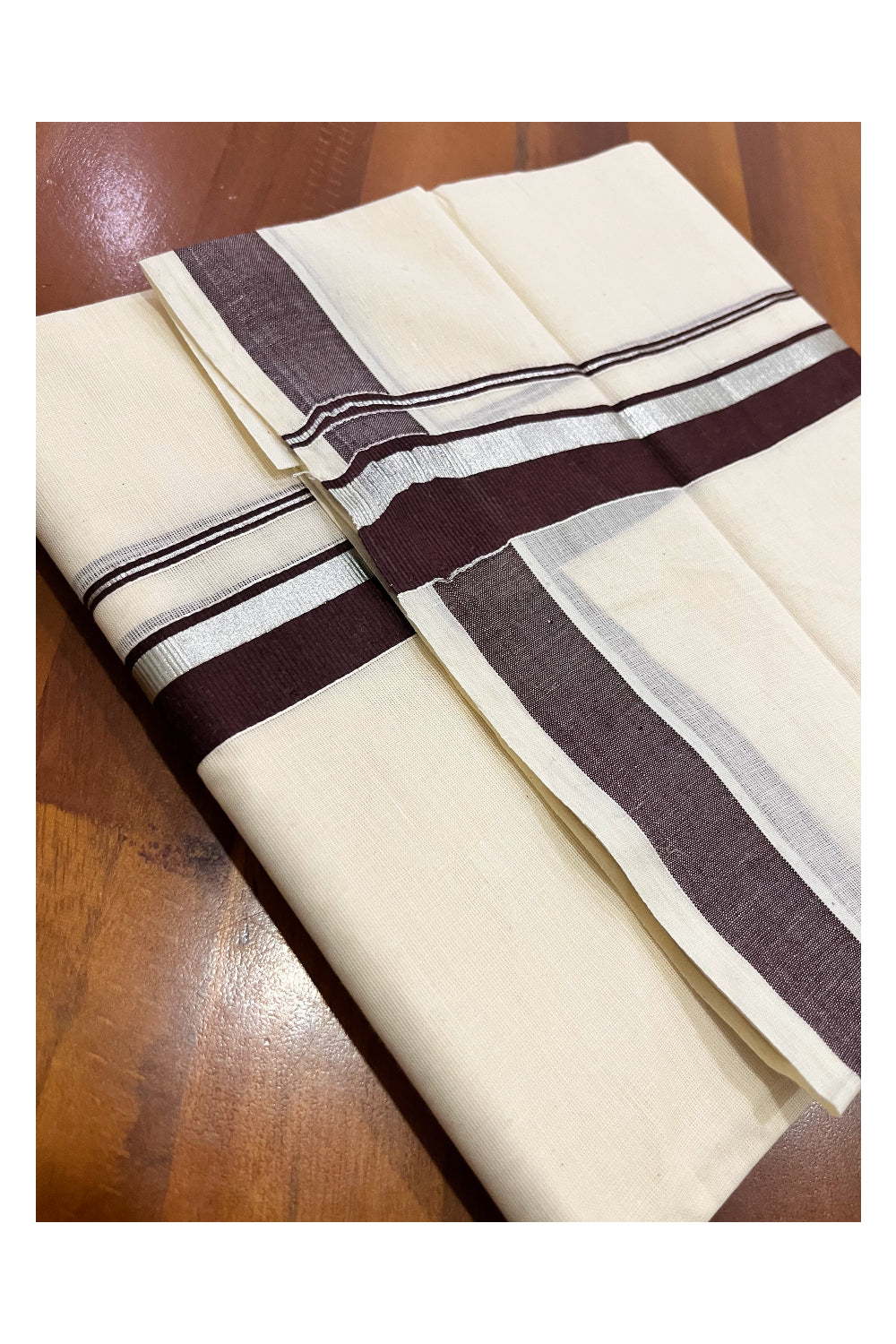 Pure Cotton Double Mundu with Silver Kasavu and Dark Brown Kara (South Indian Kerala Dhoti)