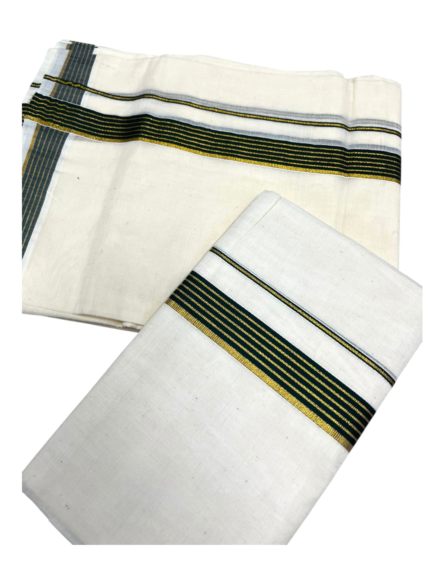 Pure Cotton Kerala Single Set Mundu (Mundum Neriyathum) with Green Kasavu Border in 2.80 Mtrs