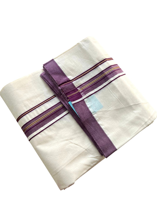 Southloom Pure Cotton Mundu with Golden Lines and Purple Border (South Indian Kerala Dhoti)