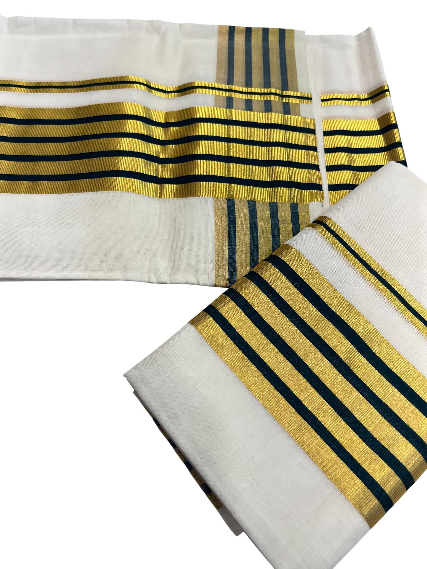 Southloom Premium Handloom Cotton Set Mundu (Mundum Neriyathum) with Kasavu and Green Lines Border 2.80 Mtrs