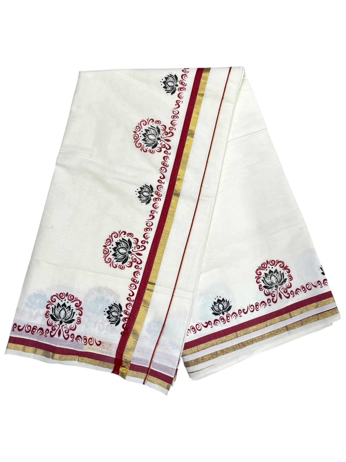 Southloom Kerala Cotton Saree with With Red &Black Floral Digital Prints Borders