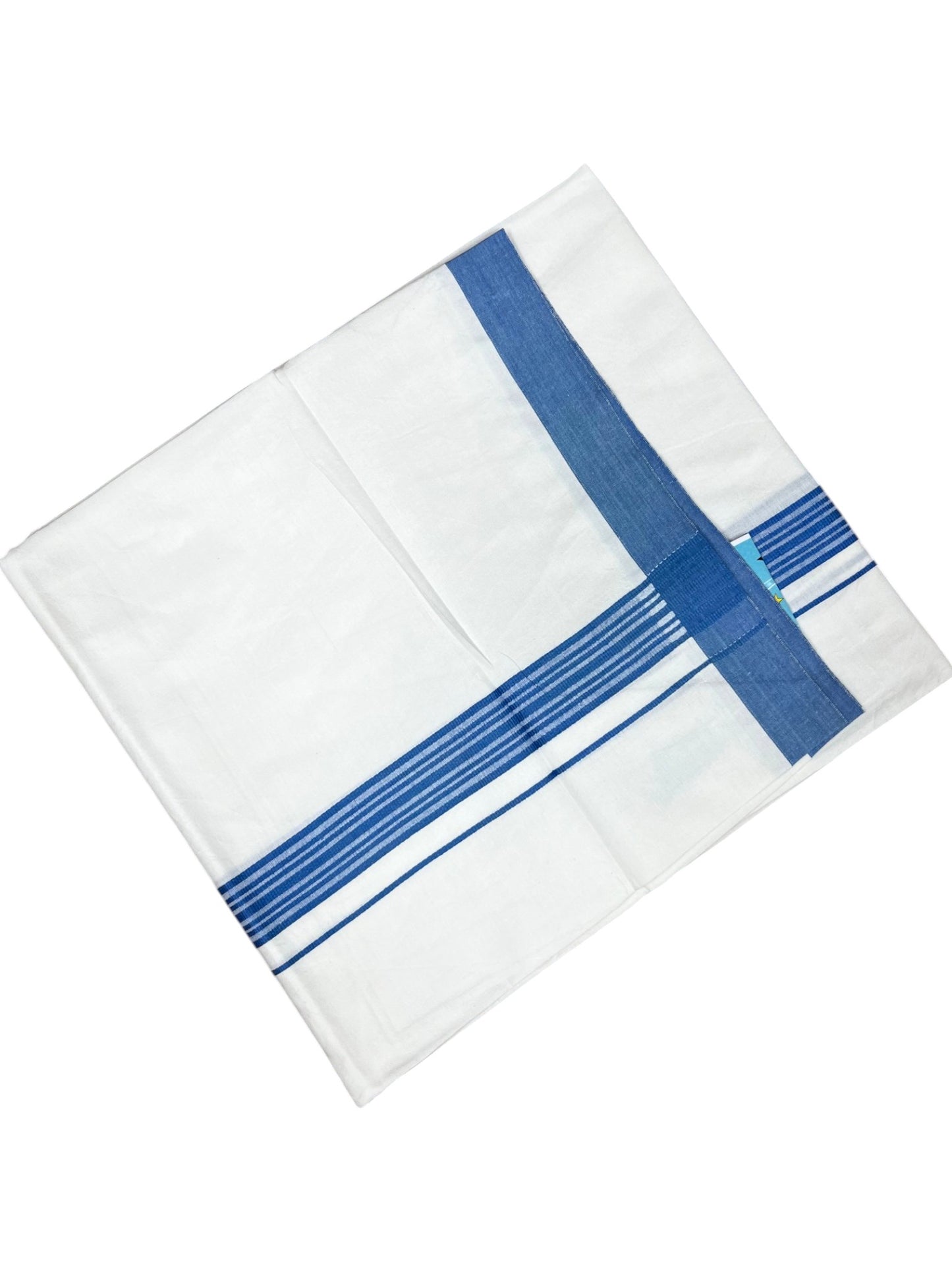 Southloom Pure White Cotton Mundu with Blue Lines Border (South Indian Kerala Dhoti)