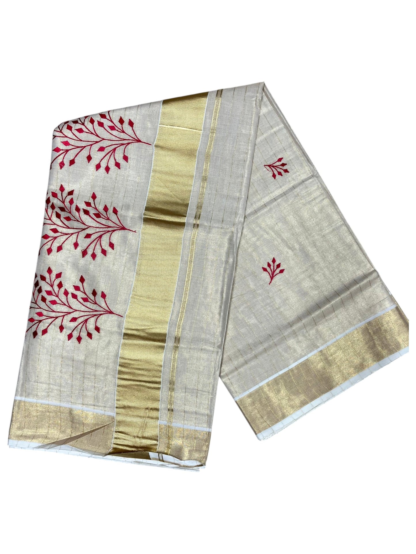 Southloom Kerala Tissue Kasavu Lines Saree with Red Floral Embroidery Design on Body