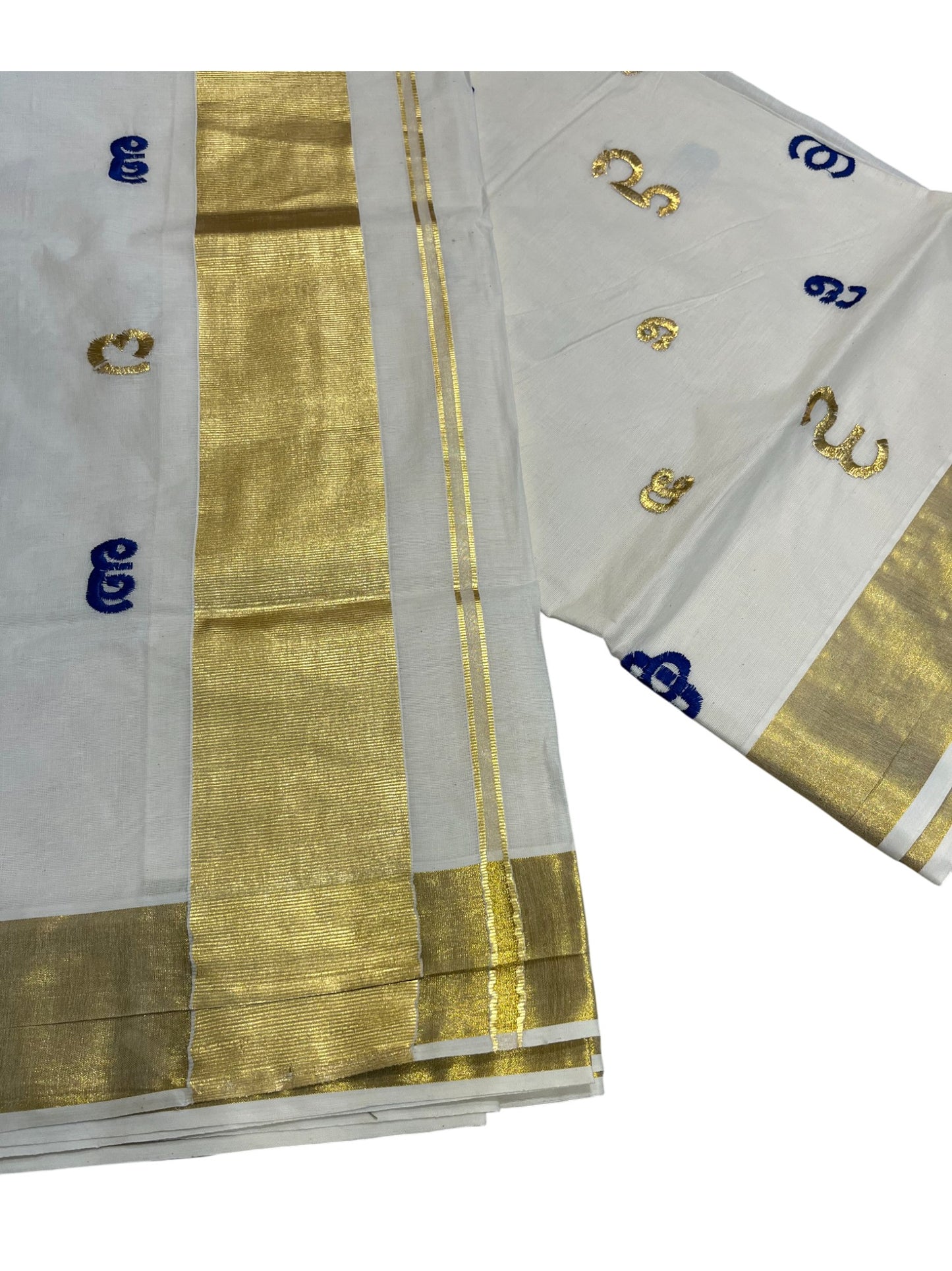 Southloom Kerala Cotton Kasavu Saree with Gold and Blue Malayalam Aksharamala Embroidery Work on Body
