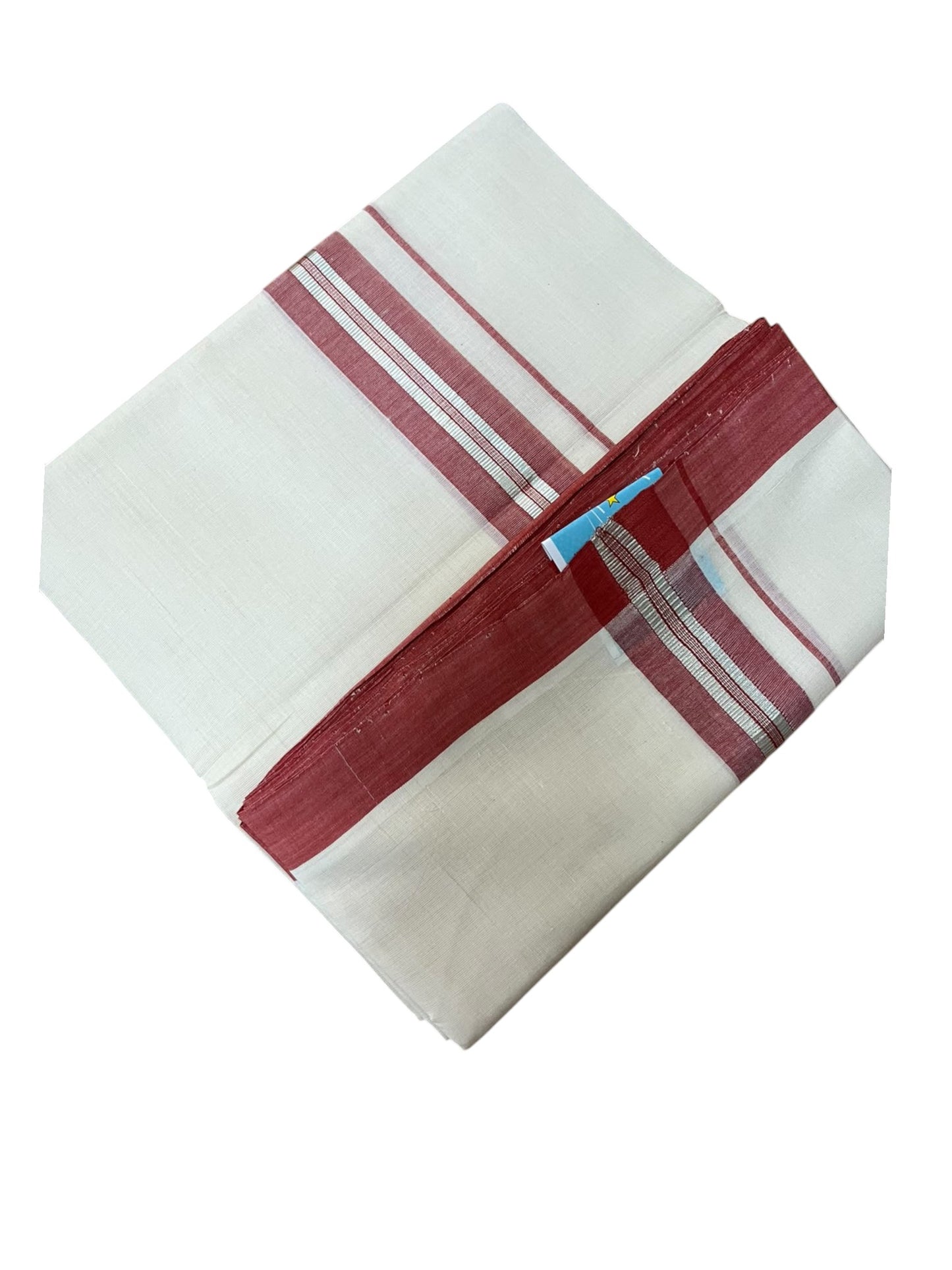 Southloom Balaramapuram Unakkupaavu Premium Handloom Cotton Double Mundu with Silver Lines and Brick Red Border