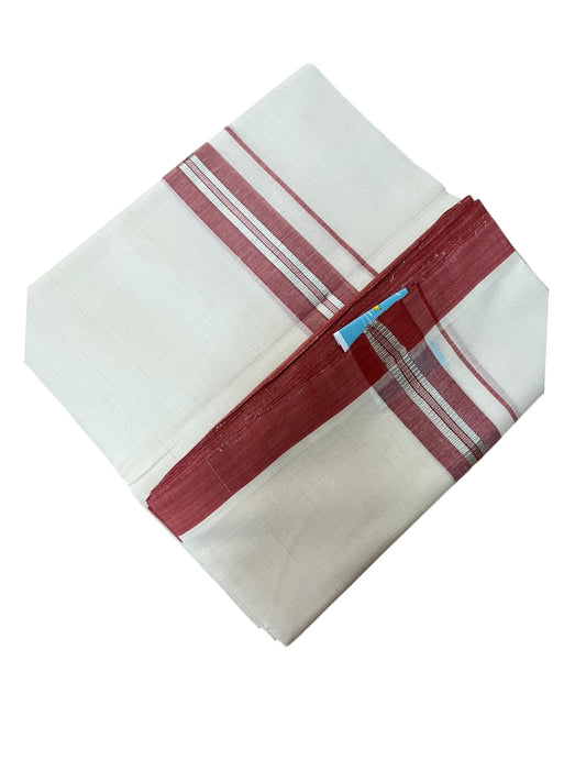 Southloom Balaramapuram Unakkupaavu Premium Handloom Cotton Double Mundu with Silver Lines and Brick Red Border