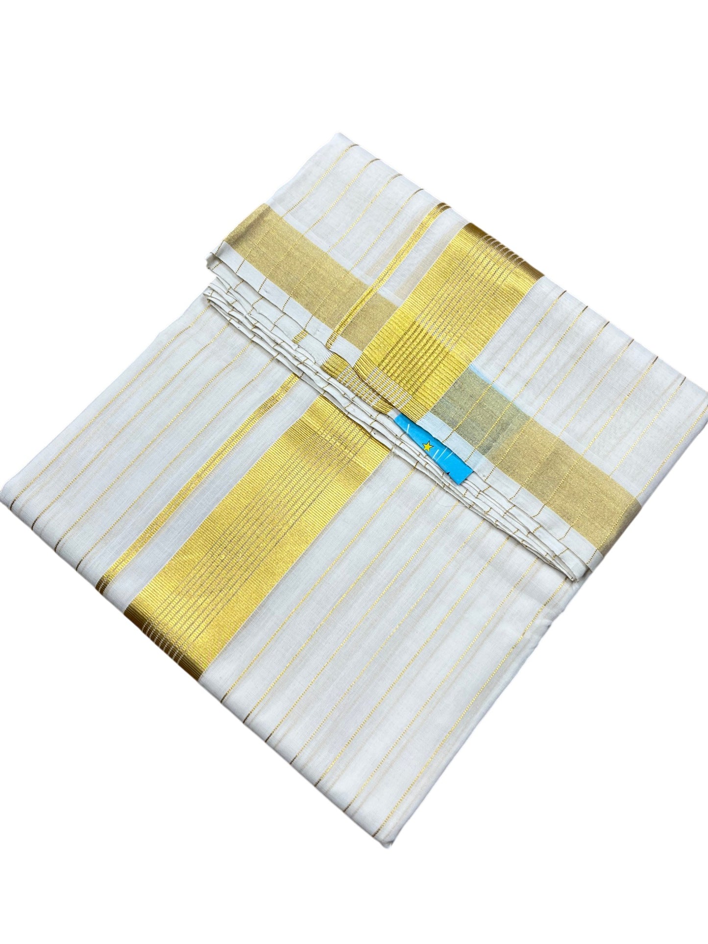 Southloom Premium Handloom Cotton Double Mundu with Gold Kasavu And Gold Lines on Body & Border