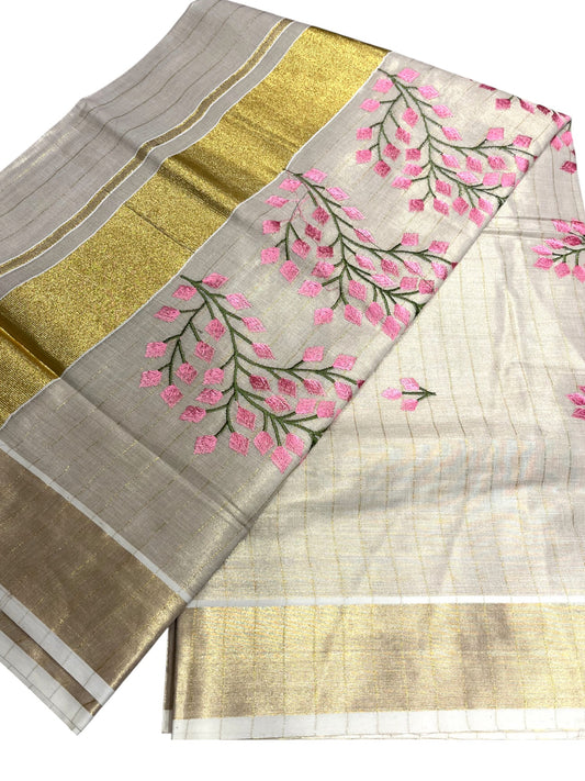 Southloom Tissue Kerala Kasavu Saree with Floral Embroidery Design
