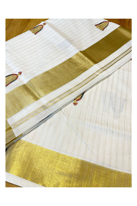 Kerala Cotton Kasavu Lines Saree with Nettipattam Embroidary Designs on Body