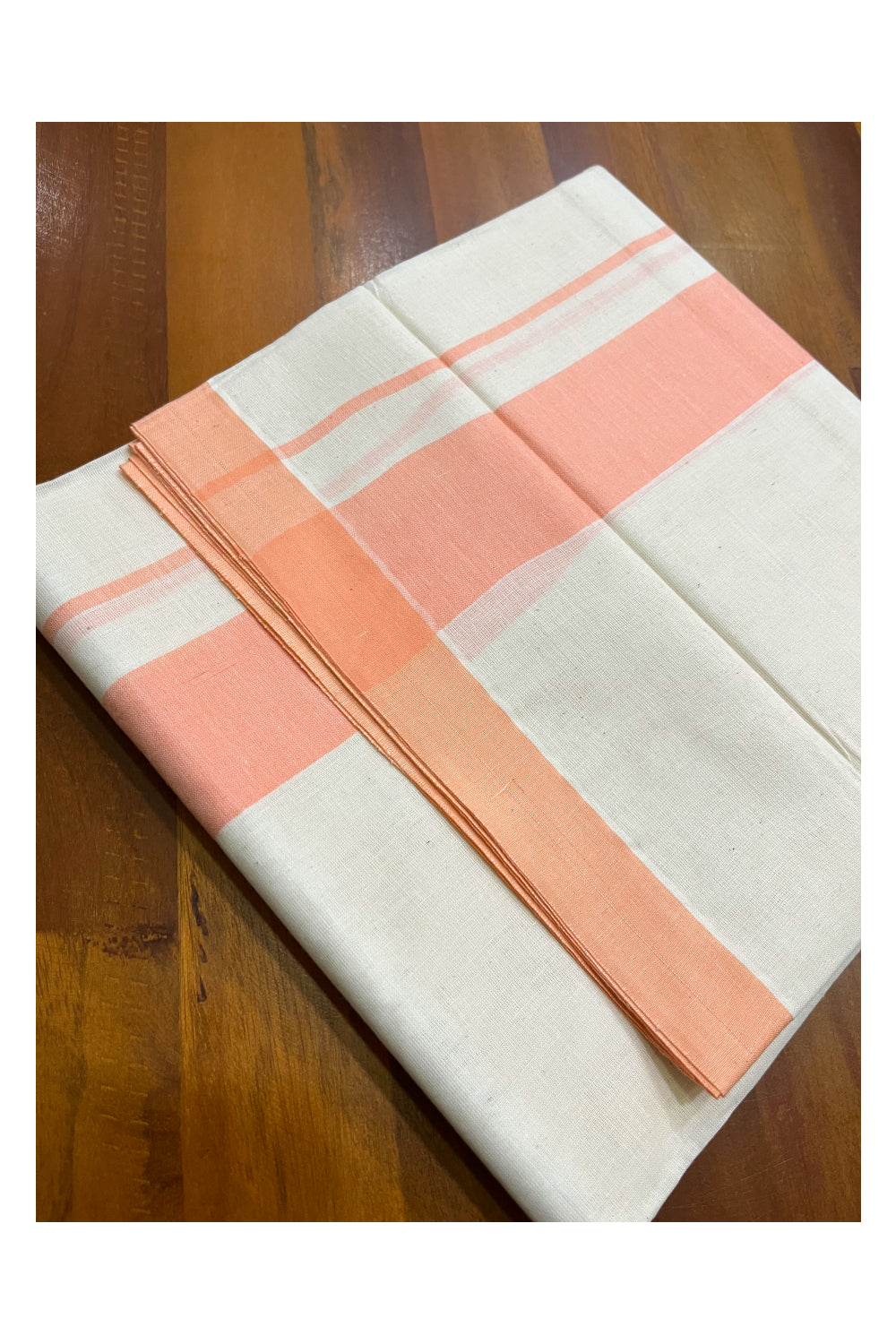 Kerala Pure Cotton Double Mundu with Peach Kara (South Indian Kerala Dhoti)