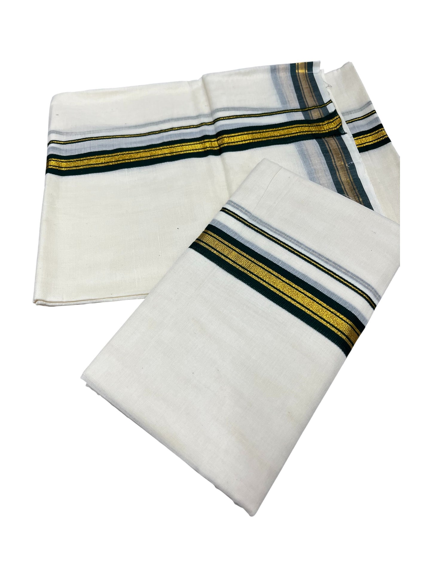 Pure Cotton Kerala Single Set Mundu (Mundum Neriyathum) with Dark Green Kasavu Border in 2.80 Mtrs