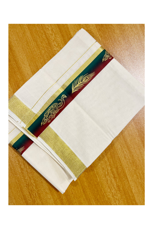 Southloom Pure Cotton Off White Double Mundu with Mural Printed Design Along Kasavu Kara