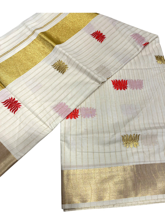Southloom Kerala Cotton Kasavu Line Saree with Red Lotus Embroidery Works
