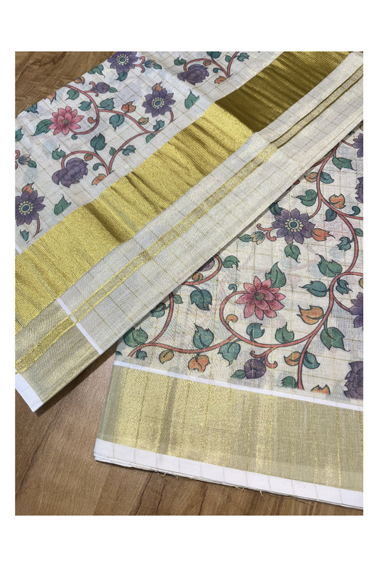 Kerala Tissue Kasavu Check Saree with Violet Floral Kalamkari Design