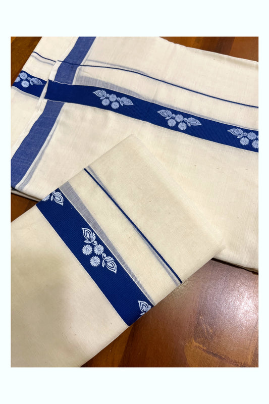 Kerala Pure Cotton Single Set Mundu (Mundum Neriyathum) with White Floral Block Prints on Dark Blue Border