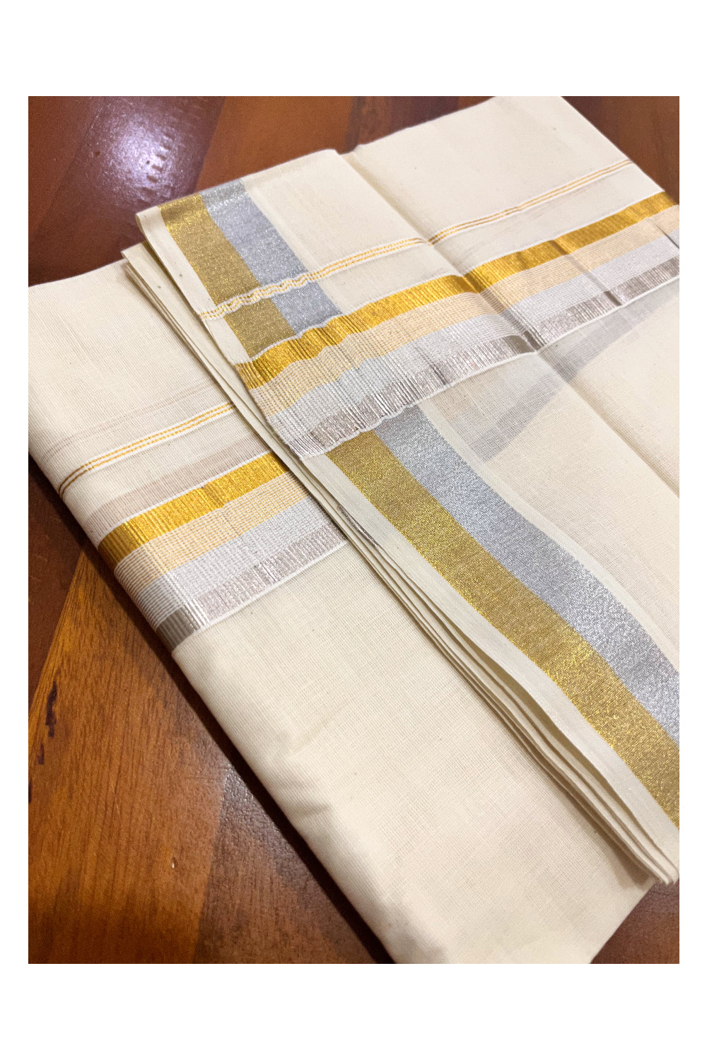 Cotton Mundu with Silver and Golden Kasavu Lines Border (South Indian Kerala Dhoti)