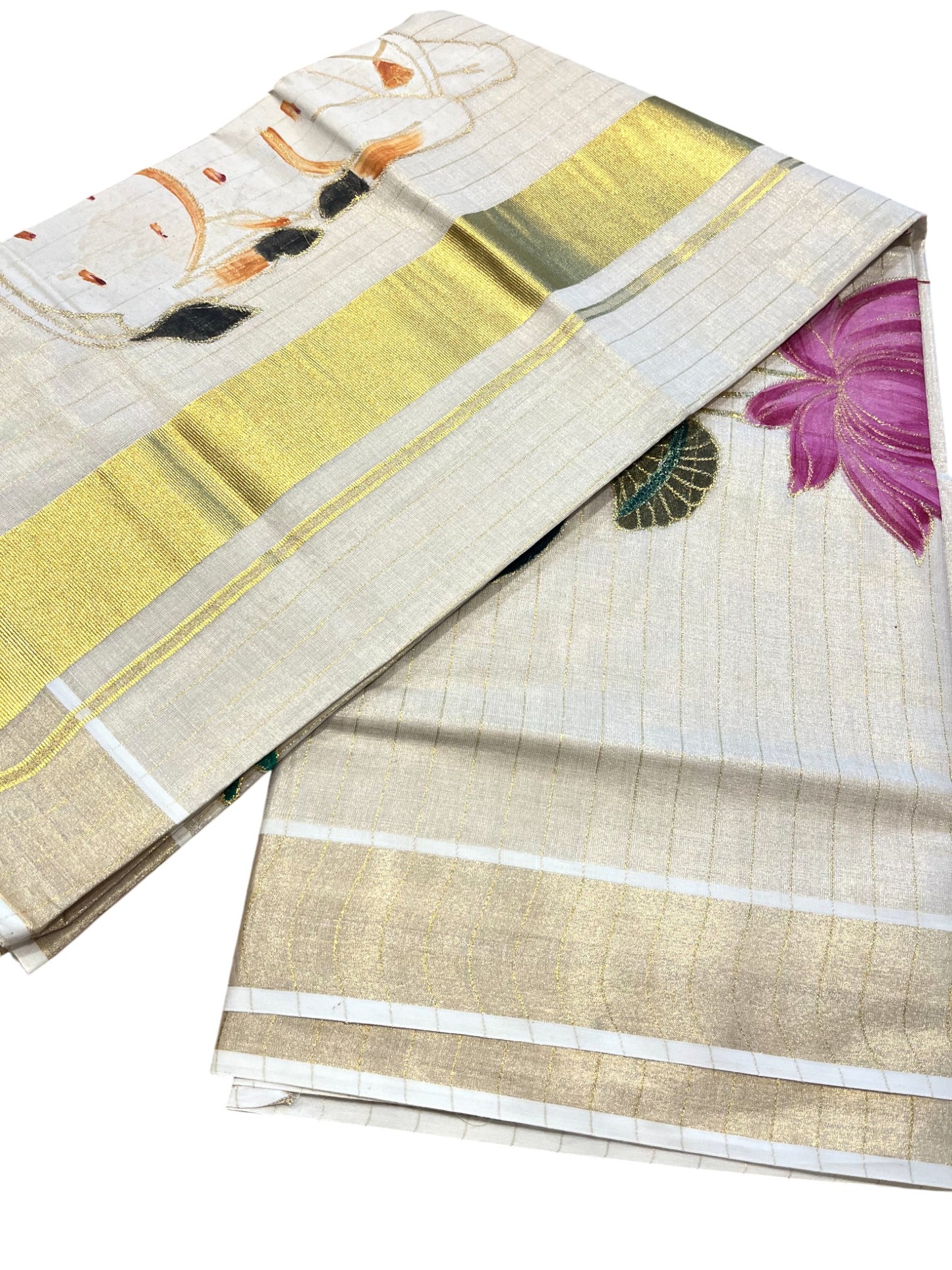 Southloom Tissue Kerala Kasavu Saree with Hand Painted Embroidery Nandi and Lotus Design