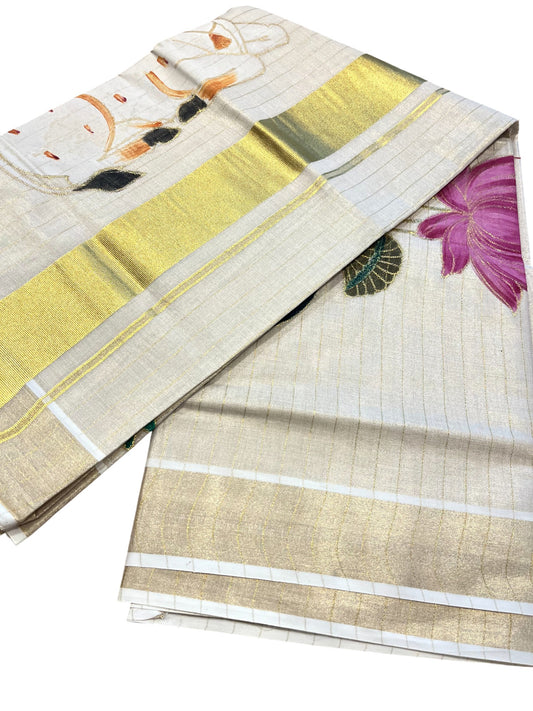 Southloom Tissue Kerala Kasavu Saree with Hand Painted Embroidery Nandi and Lotus Design