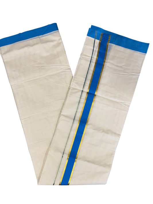 Southloom Pure Cotton Mundu with Gold Kasavu and Blue Colour Border (South Indian Kerala Dhoti)