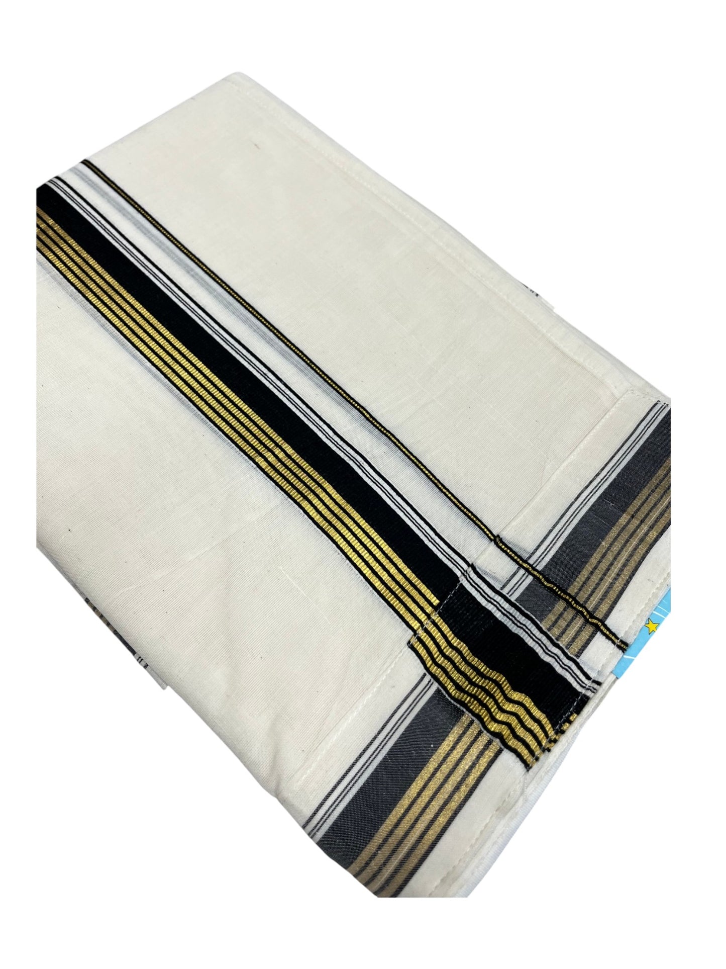 Southloom Kerala Cotton Velcro Double Mundu with Black And Gold Kasavu Border (South Indian Kerala Dhoti)