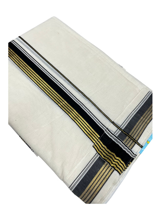 Southloom Kerala Cotton Velcro Double Mundu with Black And Gold Kasavu Border (South Indian Kerala Dhoti)