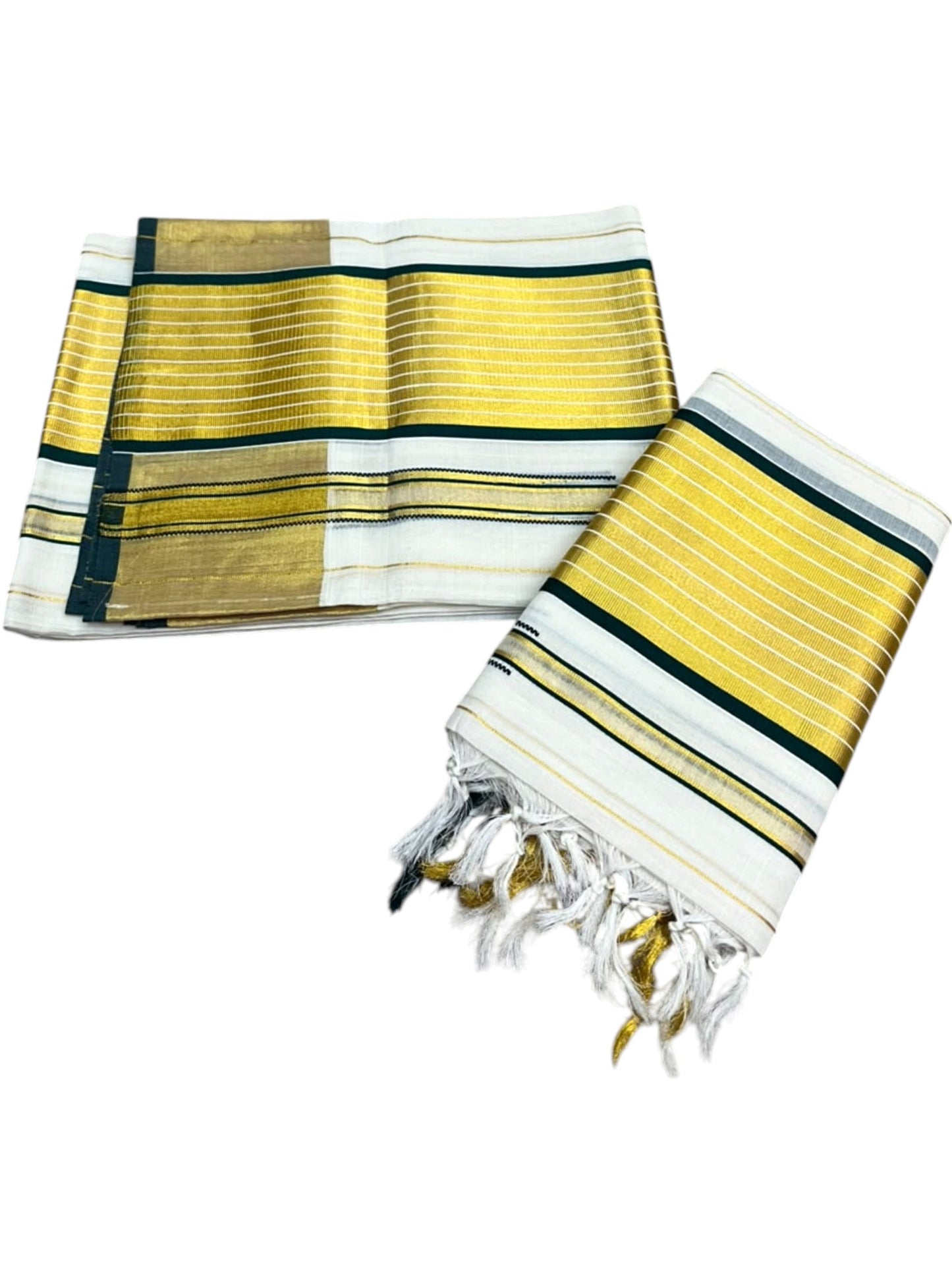 Southloom Premium Cotton Stripes Handloom Set Mundu with Chuttikara Kasavu With Green And Golden Border (2.80 Mtr)