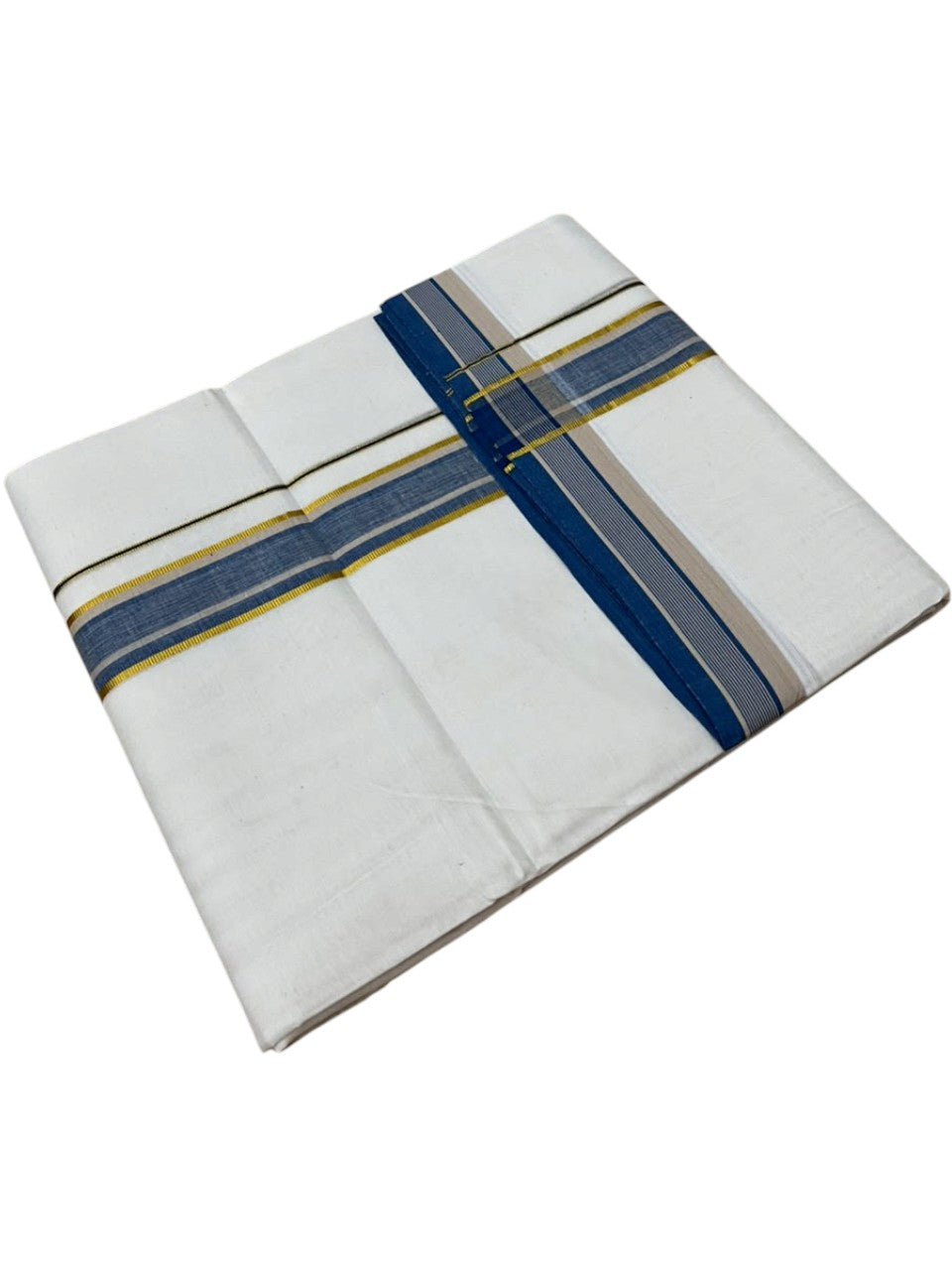 Southloom Pure Cotton Mundu with Siver Lines and Blue Border (South Indian Kerala Dhoti)