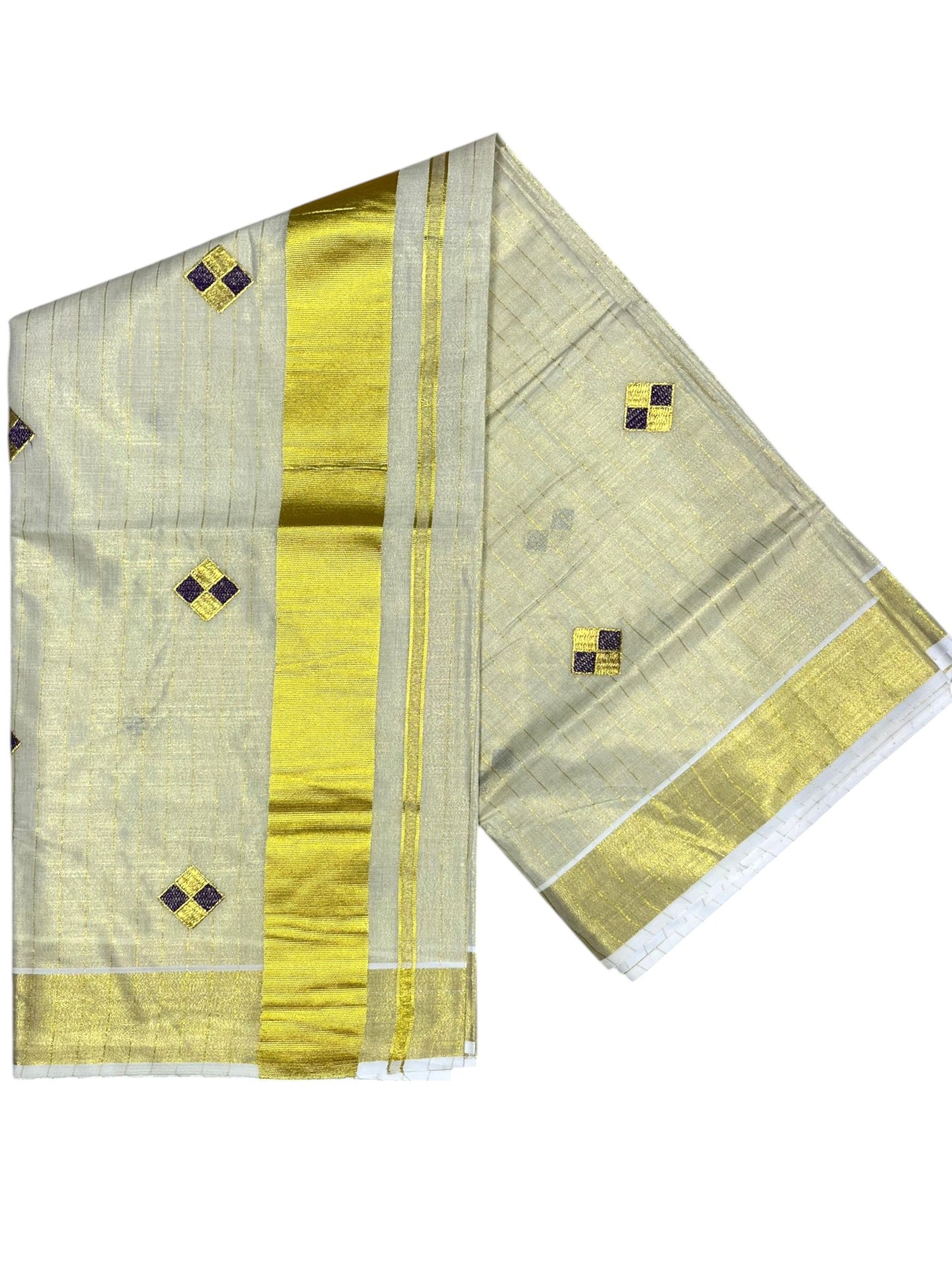 Southloom Kerala Tissue Kasavu Striped Saree with  Diagonal Woven Designs in Purple And Gold Body Work