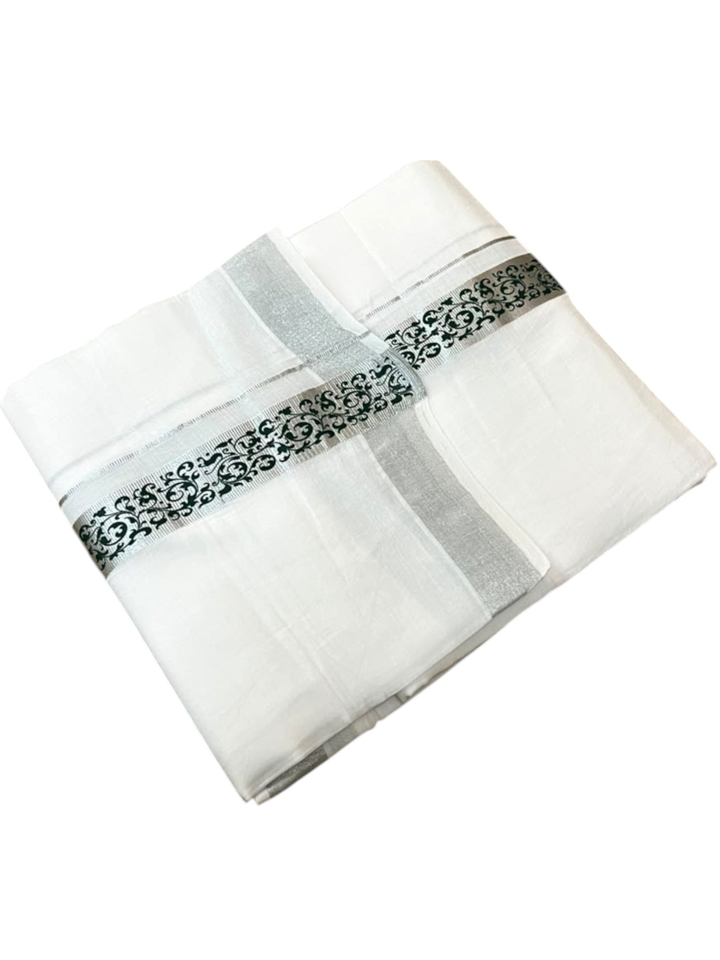 Southloom Pure White Cotton Mundu with Green and Silver Kasavu Border (South Indian Kerala Dhoti)