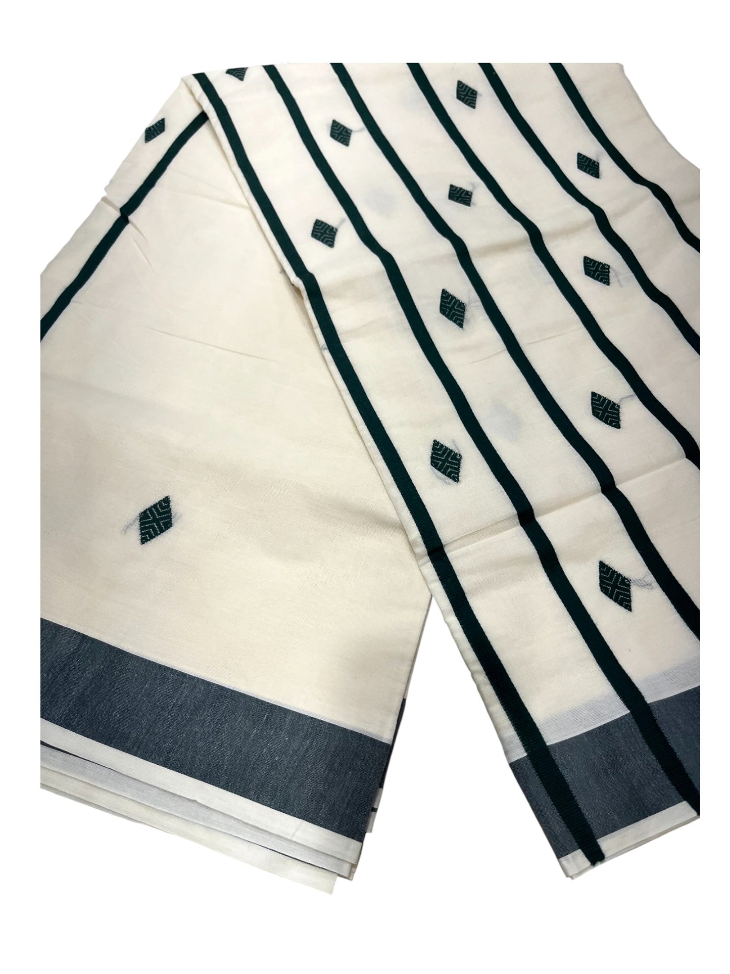 Southloom Kerala Pure Cotton Saree with Green Butta Embroidery Works on Body