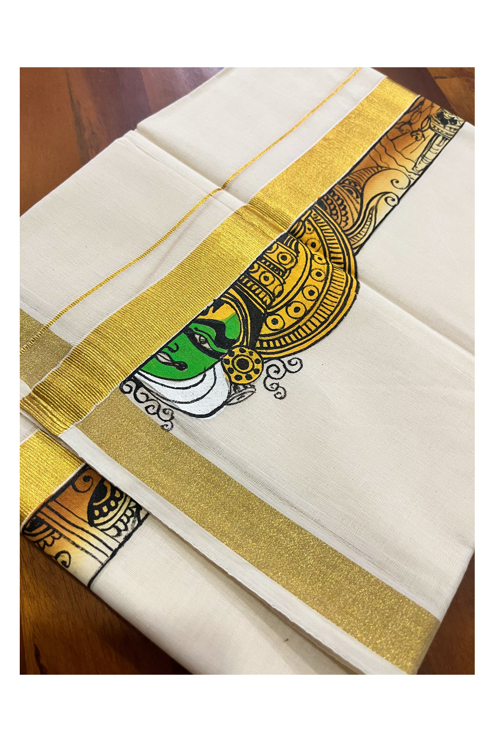 Pure Cotton Kerala Double Mundu with Kathakali Hand Painted Designs on Kasavu Border (Vishu Collection 2024)