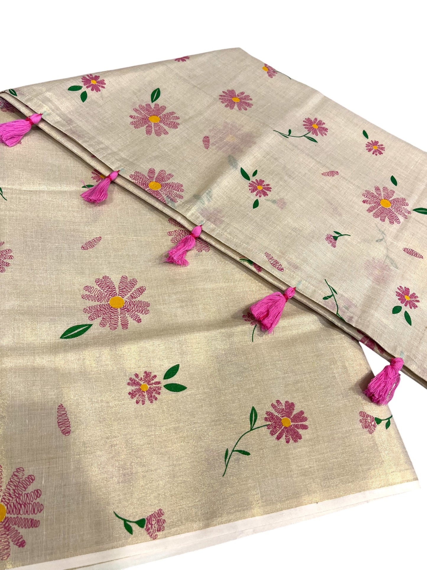 Southloom Kerala Tissue Kasavu Saree with Pink Floral Print on Body and Border