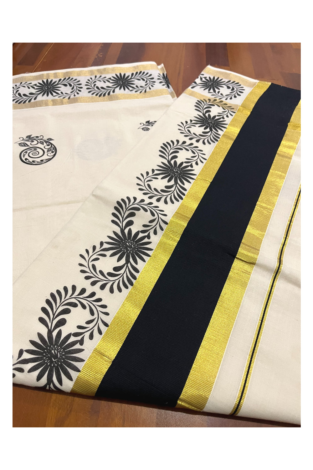 Pure Cotton Kerala Saree with Black Floral Block Printed Kasavu Border