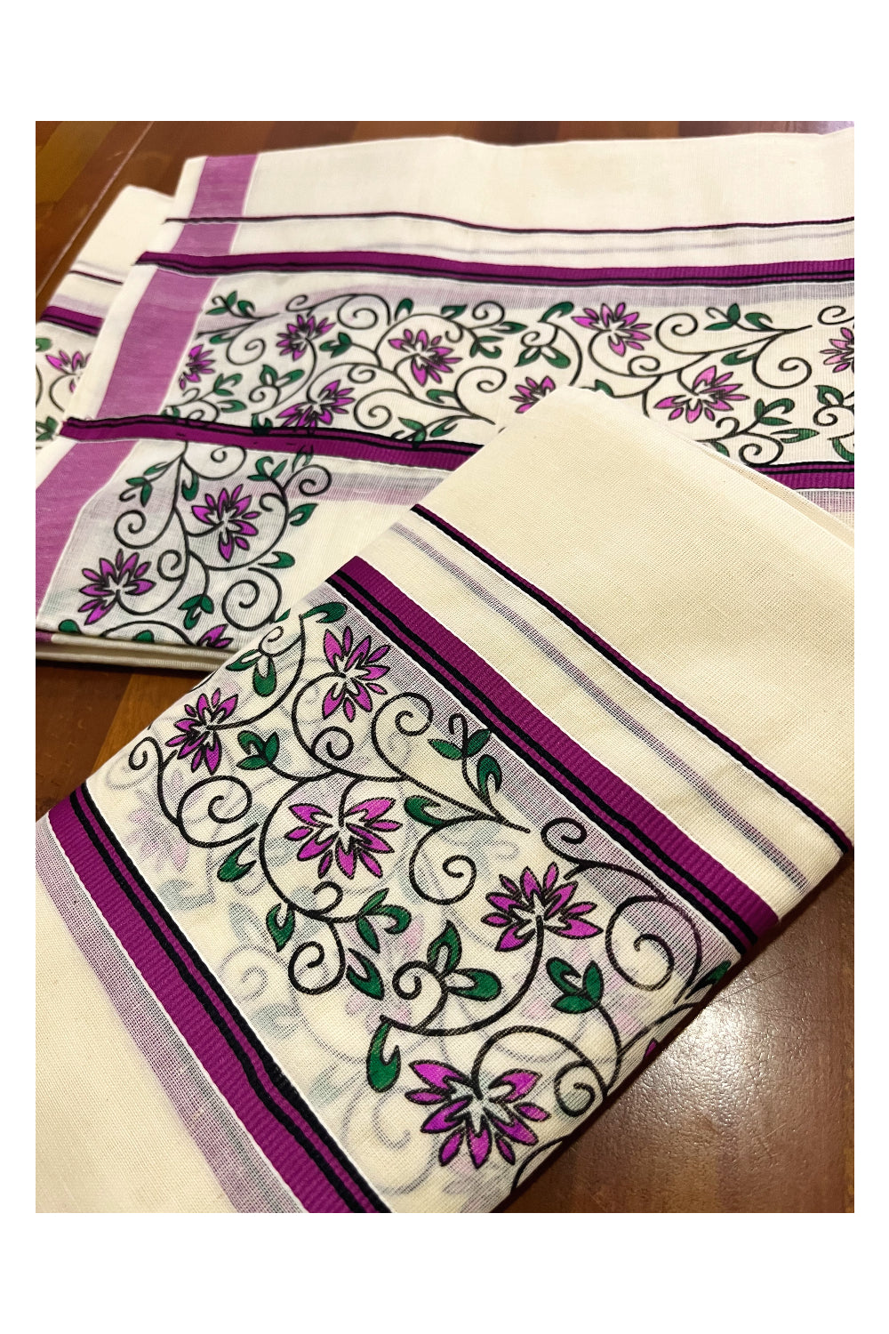 Kerala Cotton Set Mundu Single (Mundum Neriyathum) with Magenta Floral Block Printed Border