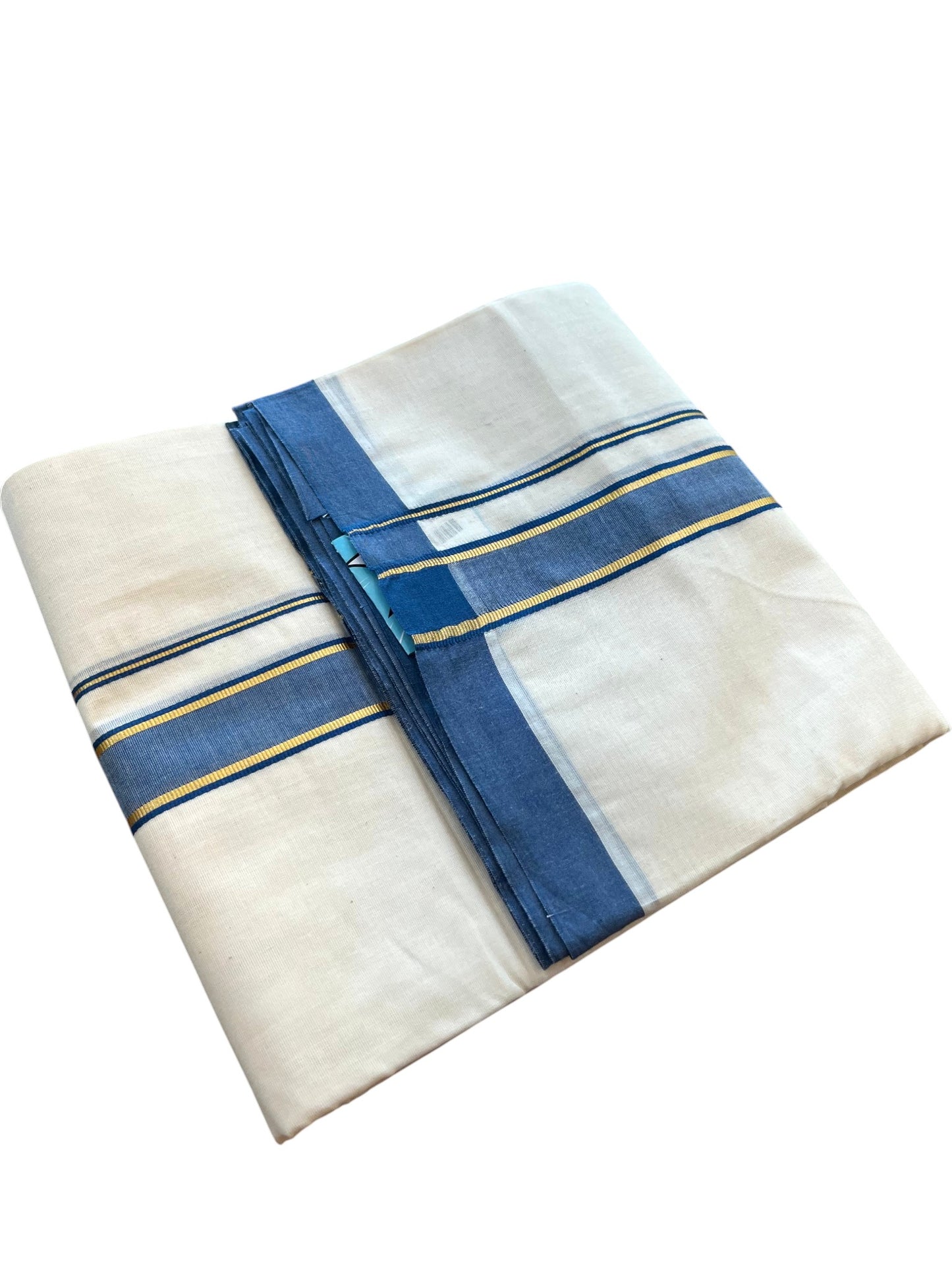 Southloom Pure Cotton Mundu with Golden Lines and Blue Border (South Indian Kerala Dhoti)