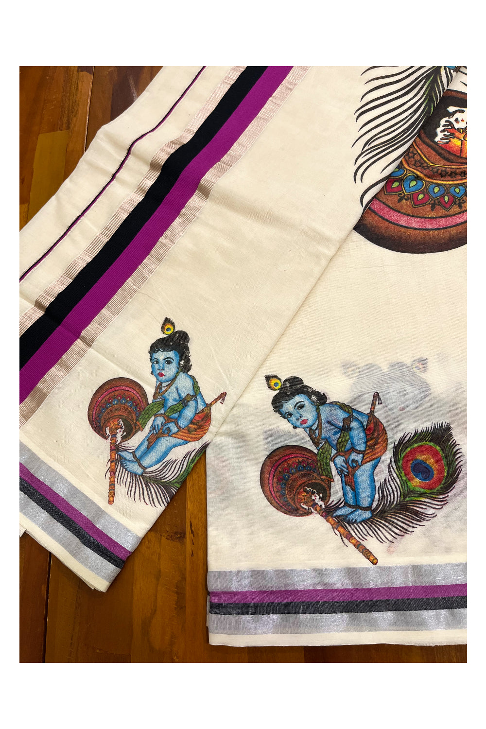 Pure Cotton Kerala Saree with Baby Krishna Mural Prints on Body