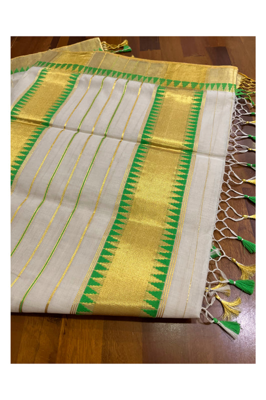 Southloom Super Premium Balaramapuram Unakkupaavu Handloom Saree with Green and Kasavu Lines Across Body and Temple Border