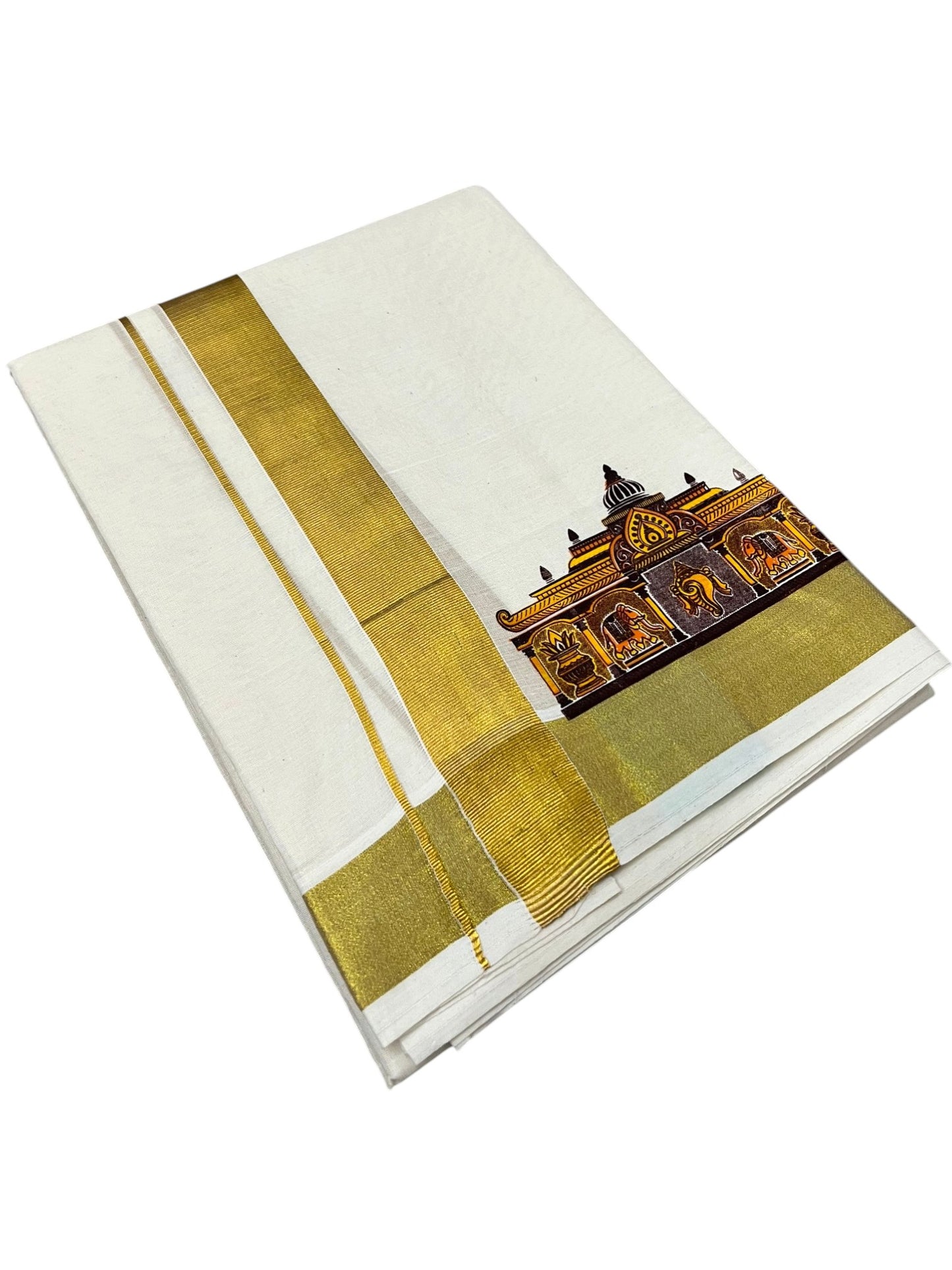 Southloom Kerala Cotton Temple Digital Printed Double Mundu (South Indian Kerala Dhoti) SL567