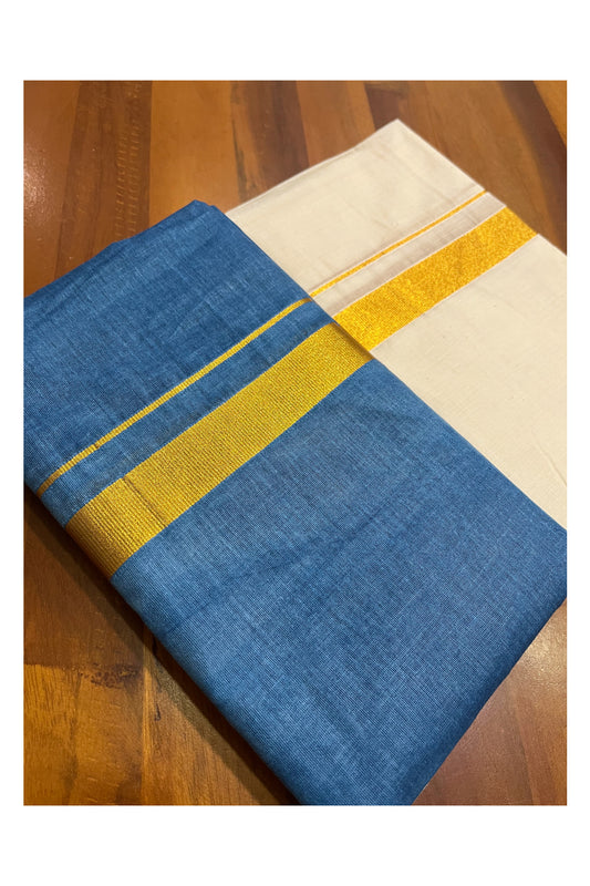 Southloom Tie & Dye - Half & Half  Multi Colour Blue Design Cotton Kerala Double Mundu with Kasavu Border (South Indian Kerala Dhoti)