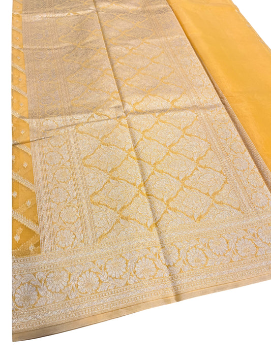 Southloom Cotton Banarasi Silk Saree with Woven Work on Body and Borders(Yellow)
