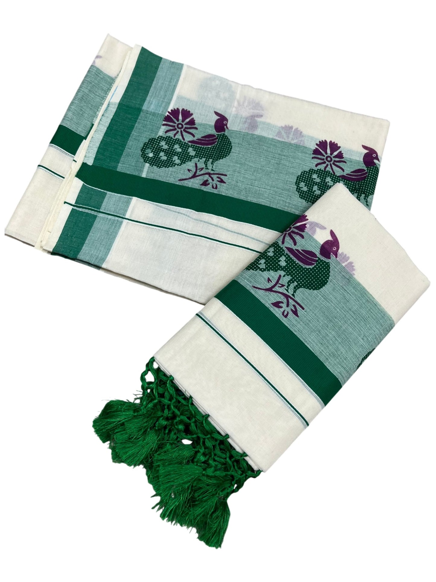 Southloom Cotton Single Set Mundu (Mundu Neriyathum) With Peacock Print And Green Border Kasavu With Tussles in 2.80 Mtrs