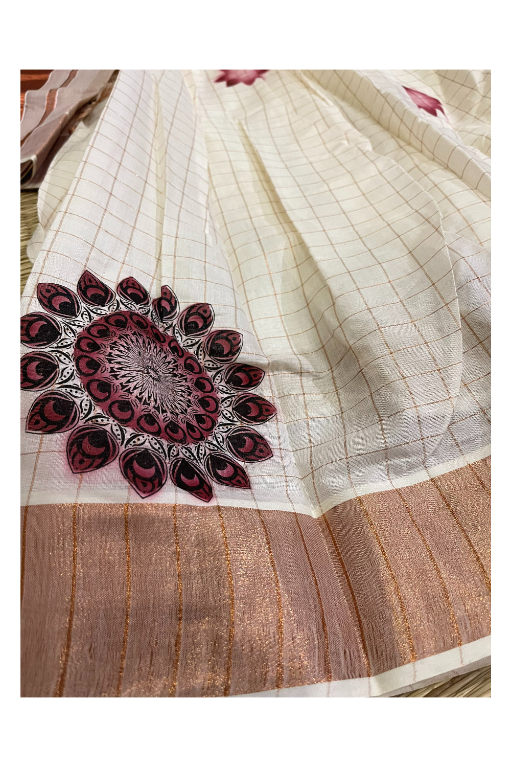 Semi Stitched Onam 2023 Dhavani Set with Copper Check and Printed Design Pavada and Black Bead Work Blouse Piece